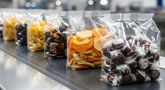 Packaged dried fruits pasta and chocolates lined up on a conveyor belt