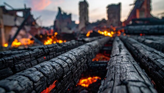 Charred Wood Beams in Fire Ruins