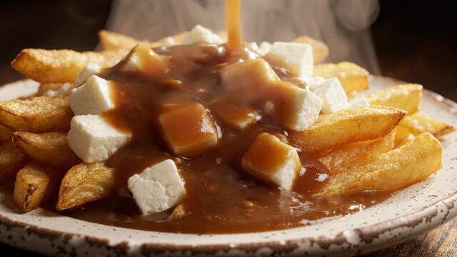Golden french fries, squeaky cheese curds, and rich brown savory gravy craft classic Canadian poutine dish. Appetizing comfort food, satisfying meal or hearty snack for deep culinary cravings