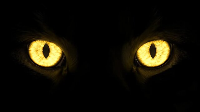 Glowing yellow cat eyes staring intensely from the darkness on a deep black backdrop