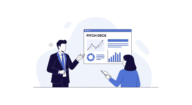 Business presentation success: pitch deck meeting with charts and graphs