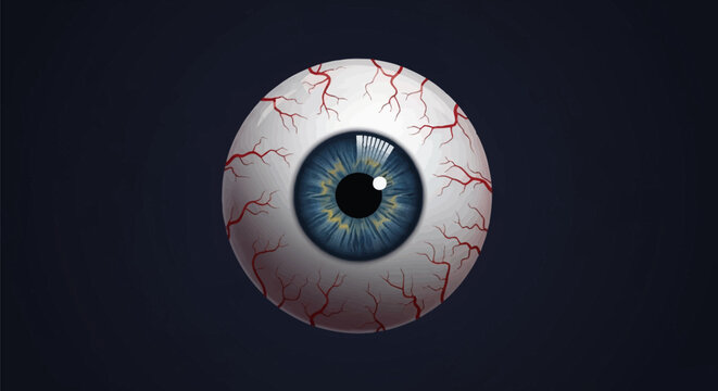 Realistic digital illustration of a bloodshot human eyeball with a detailed blue iris and prominent red capillary veins on the white sclera, isolated on a dark vignetted background.