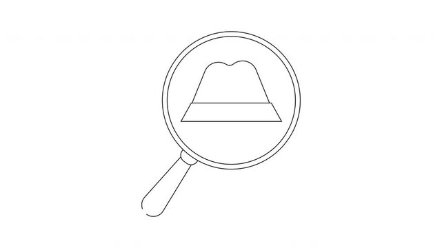 Magnifying glass over fedora hat icon simple line art.