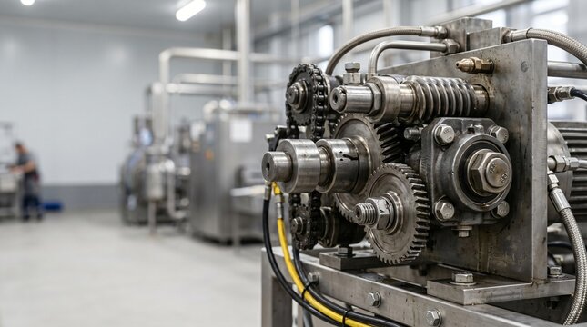 Close up of industrial machinery gears and metal components in a factory setting