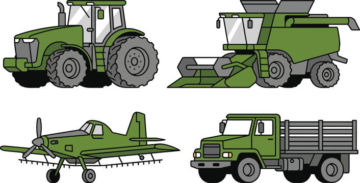 Set of green agricultural vehicles including tractor combine harvester crop duster plane and truck for farming and industry concepts isolate