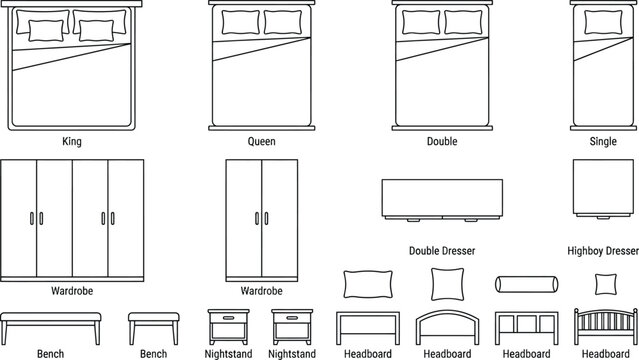 Bedroom furniture dimension vector chart, bed size technical illustration with King, Queen, Double and Single mattress layouts, wardrobe and dresser measurements for interior design and floor plan