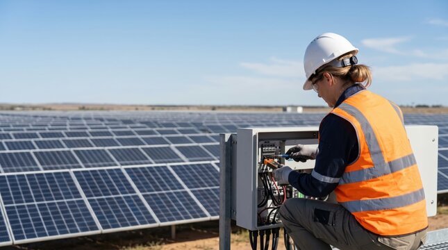 Female technician working on solar energy panels renewable power maintenance electrician connecting wires to inverter box at photovoltaic plant Industrial work green energy