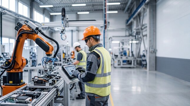 Male industrial engineer operating robotic arm in modern factory smart manufacturing automation technology Industry 40 production line worker wearing safety helmet and high