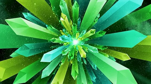 Abstract growing magic crystal with shine light, energy explosion, and dust particle animation in 4k resolution.