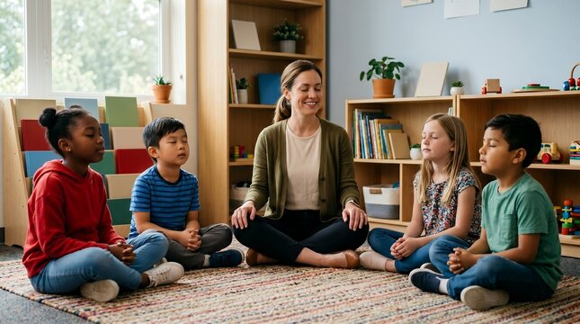 Female teacher and five diverse young children sitting in a circle on a rug in a classroom, practicing mindfulness or meditation with eyes closed.