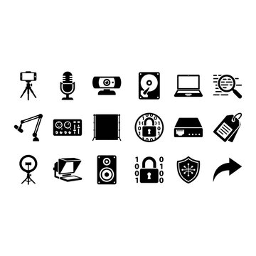 Technology icon set, solid black, white background, vector illustration