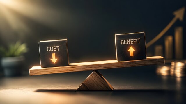 Corporate profit maximization and cost reduction strategy concept showing benefit block outweighing cost block on a wooden seesaw