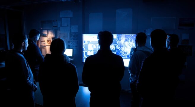 a group of people looking at a screen in a dark room with blue lighting and a screen on the wall peo