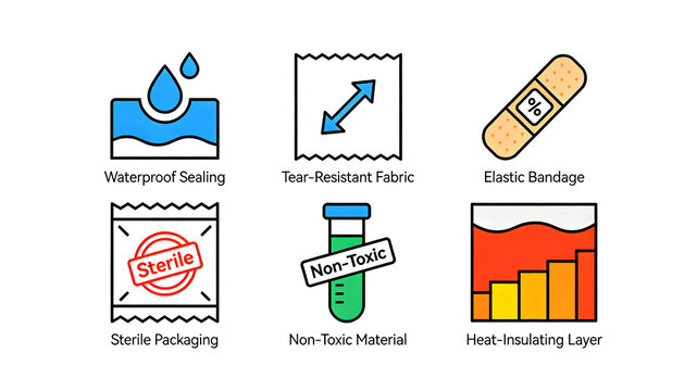 The icons of water droplets, band aids, test tubes, etc. represent the protective packaging characteristics of waterproof, tear resistant, sterile, non-toxic, and thermal insulation.
