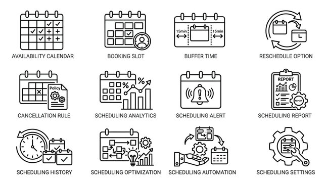 Set of scheduling and calendar management icons for business planning.