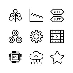Fototapeta premium Modern technology line icons set, 9 vector symbols for cloud computing and data analysis, GPU processor and artificial intelligence graphics