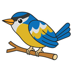 Blue tit bird cartoon character perched on a tree branch vector © spesifik