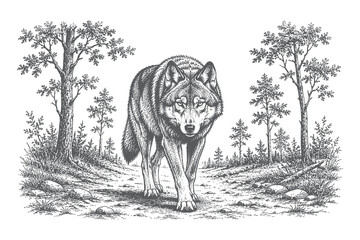 Wild wolf walking on forest path landscape vector illustration, vintage woodcut style predator animal for wilderness and nature branding. © Chairul