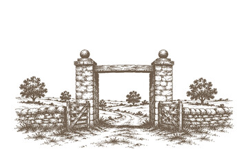 Obraz premium Rustic stone gate and path in countryside landscape vector illustration, hand drawn engraving style farm entrance for heritage branding.