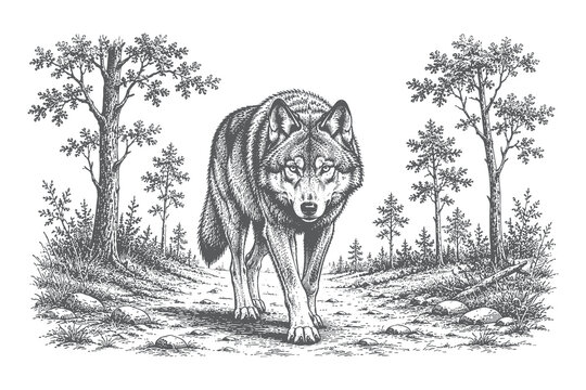 Wild wolf walking on forest path landscape vector illustration, vintage woodcut style predator animal for wilderness and nature branding.