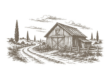 Traditional rustic barn with winding dirt road vector illustration, vintage engraving style countryside landscape for farm and heritage design. © Chairul