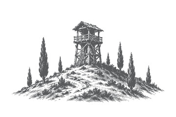Fototapeta premium Rustic wooden watchtower on hill landscape vector illustration, vintage engraving style forest lookout tower for outdoor adventure theme.