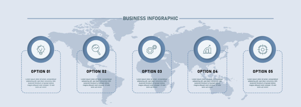 Minimal business infographic template featuring five options in horizontal workflow layout with world map background. Clean modern design suitable for presentations, process diagrams, reports
