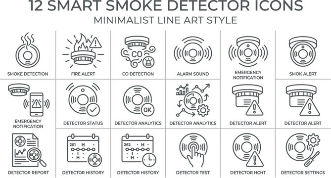 Set of smart smoke detector line art icons for home safety.