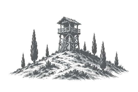 Rustic wooden watchtower on hill landscape vector illustration, vintage engraving style forest lookout tower for outdoor adventure theme.