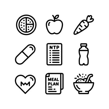 Healthy nutrition and diet icons set, 9 linear vector elements for meal planning, wellness lifestyle and fitness nutrition graphics