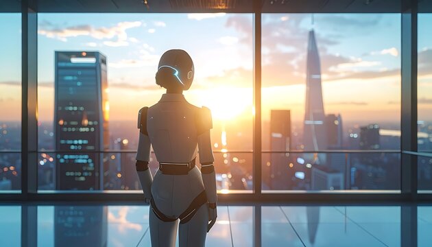 A futuristic female robot gazing out at a cityscape during sunrise