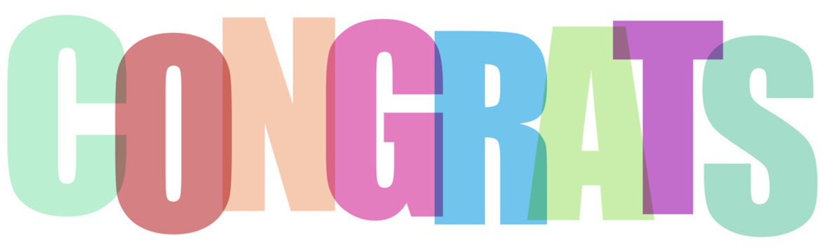Congrats word written with overlapping rainbow colored capital letters on gray background.