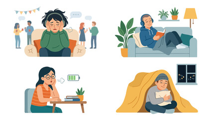 Fototapeta premium Illustrations of introverted individuals seeking quiet, comfort, and solitude, depicting scenes of social overwhelm, reading, relaxation, and mental exhaustion.