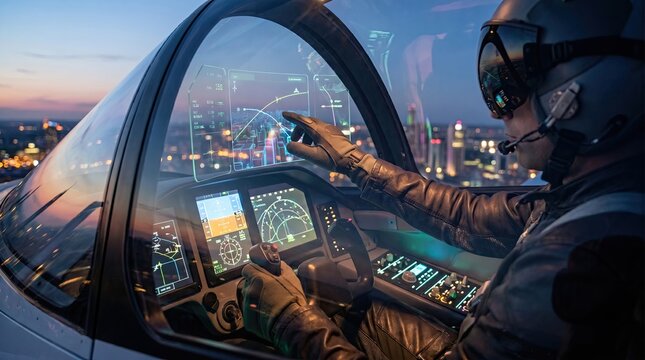 Pilot&rsquo;s hand navigating floating flight maps and aircraft controls, futuristic cockpit atmosphere, dramatic aviation lighting, Generated by AI