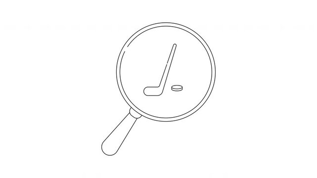 Magnifying glass over hockey stick and puck illustration.