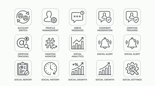 Set of thin line social media management and analytics icons.