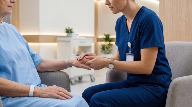Compassionate nurse holding elderly patient hand in hospital room medical professional offering comfort healthcare support empathy care senior citizen treatment medicine