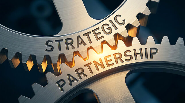 Strategic partnership text engraved on interlocking metallic gears representing business collaboration and synergy - 3d illustration