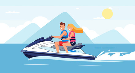 Obraz premium Couple Riding Jet Ski on Sunny Day with Mountain Background