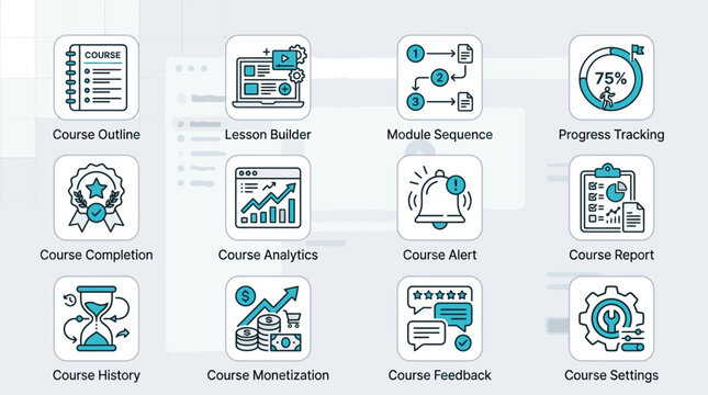 Set of twelve e-learning management system icons for online course platform development.