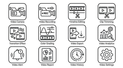 Obraz premium Set of video editing and media management line icons.