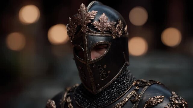 Mystical black knight in ornate armor with intricate gold accents at night