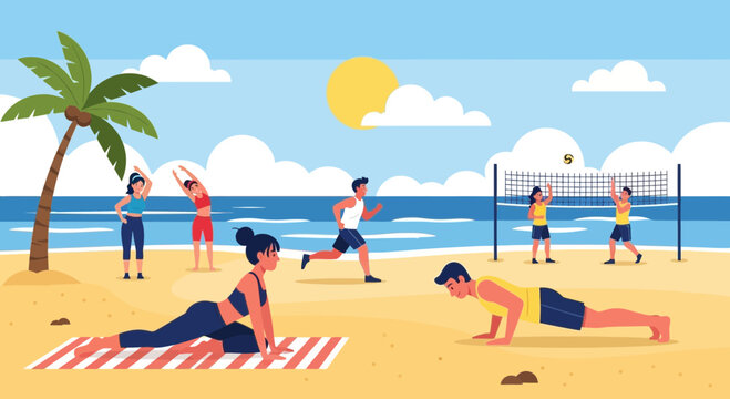 Active people exercising and playing sports on a sunny beach vacation