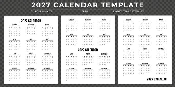 2027 yearly calendar template set, Sunday start, 3 annual vertical layouts black classic grid design