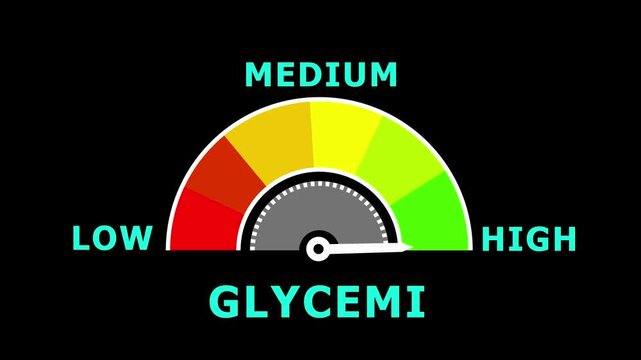 A glycemic index meter with a needle in the mid-range, set against a black background, effectively communicating carbohydrate impact and 4k black background animation