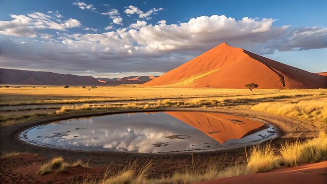 Namib desert landscape with dune reflection in a waterhole at dawn
