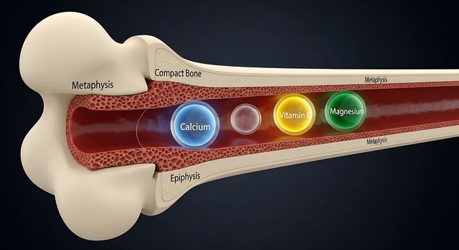 Bone cross section showing essential nutrients like Calcium Vitamin D and Magnesium