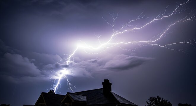 Dramatic lightning strike illuminates a house during a powerful thunderstorm
