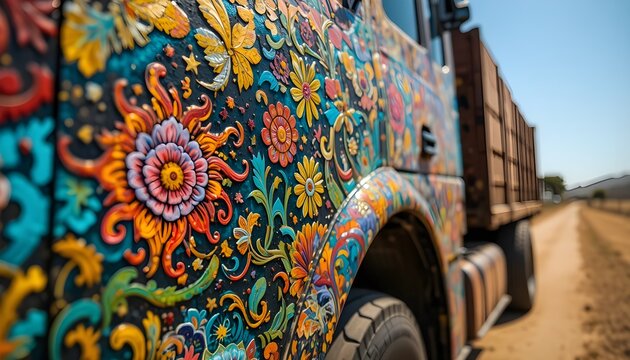 Truck art close-up on Pakistani truck, vibrant colors, detailed patterns, sunny day, 85mm lens