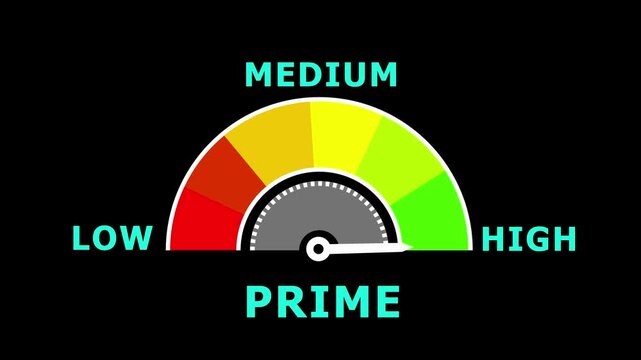 Semicircular gauge with needle pointing to medium on a black background with the word PRIME meter